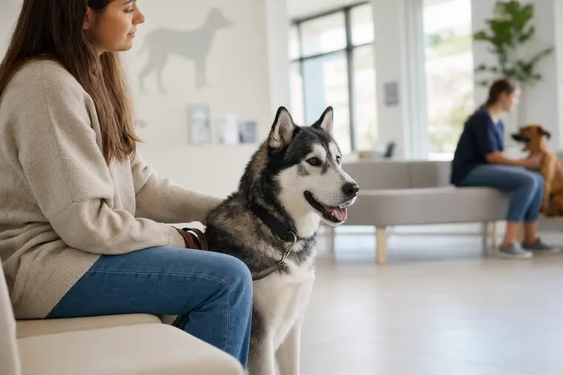 Ein ruhiger Alaska Husky sitzt neben seinem Besitzer im hellen Wartezimmer einer modernen Tierarztpraxis.